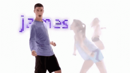 A Man And A Woman Are Dancing In Front Of A Sign That Says Jair.es Riley GIF