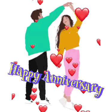 A Man And A Woman Are Dancing In Front Of Hearts And The Words Happy Anniversary GIF