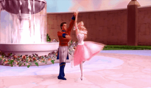 A Man And A Woman Are Dancing Near A Fountain GIF