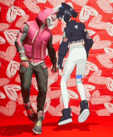 A Man And A Woman Are Dancing Together In Front Of A Red Background With Hearts . GIF