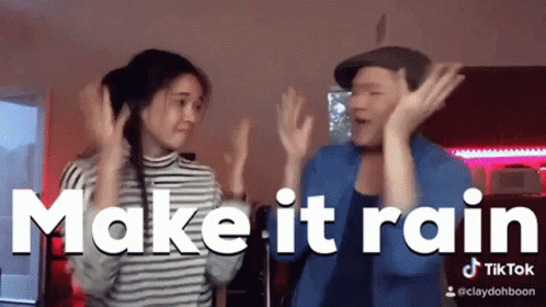 A Man And A Woman Are Dancing With The Words Make It Rain In The Background GIF