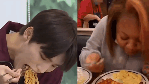 A Man And A Woman Are Eating Noodles And Eggs Together . GIF