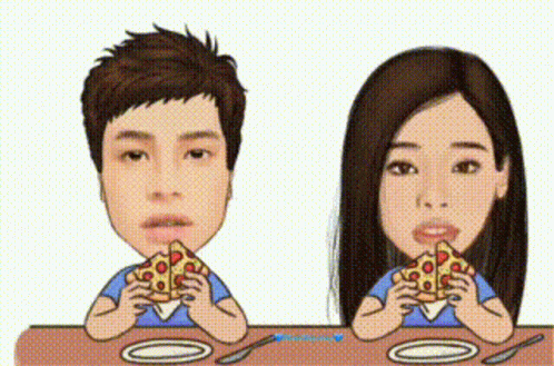 A Man And A Woman Are Eating Pizza Together At A Table GIF