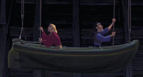 A Man And A Woman Are In A Boat With A Horse Hanging From The Side GIF