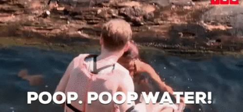A Man And A Woman Are In The Water And The Words Poop Poop Water Are Visible GIF