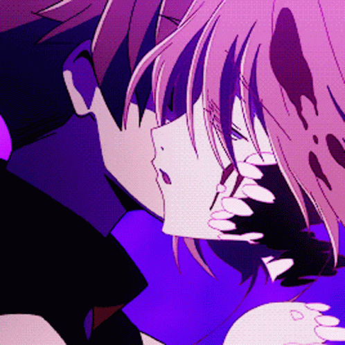 A Man And A Woman Are Kissing In A Purple And Pink Cartoon GIF