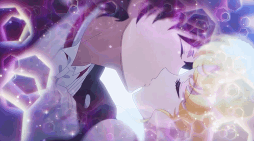 A Man And A Woman Are Kissing In A Purple Background . GIF
