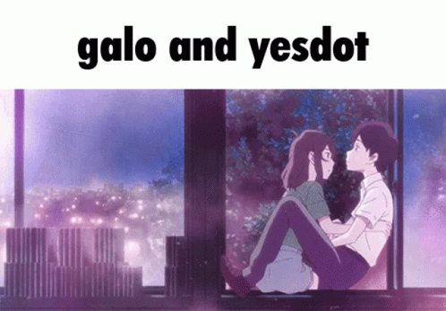 A Man And A Woman Are Kissing In Front Of A Window With The Words Galo And Yesdot Above Them GIF