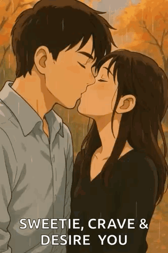 A Man And A Woman Are Kissing In The Rain With The Words `` Sweetie , Crave & Desire You '' . GIF