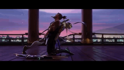 A Man And A Woman Are Kneeling On The Floor With Swords GIF