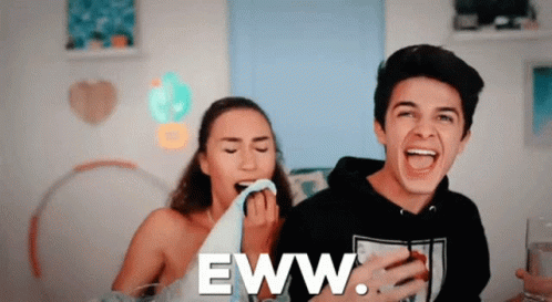 A Man And A Woman Are Laughing With The Words Eww Written On The Bottom GIF