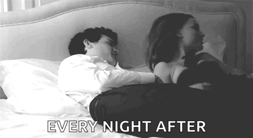 A Man And A Woman Are Laying On A Bed With The Words `` Every Night After '' Written On The Bottom . GIF