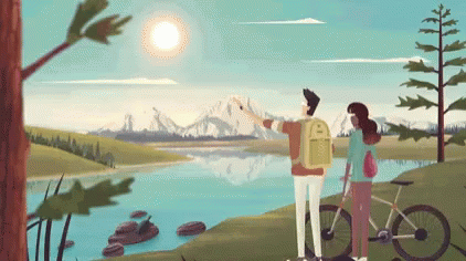 A Man And A Woman Are Looking At A Lake With A Mountain In The Background GIF