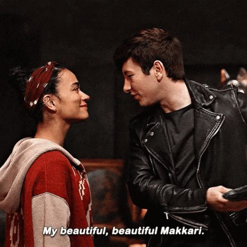 A Man And A Woman Are Looking At Each Other And The Woman Is Saying " My Beautiful Beautiful Makkari " GIF