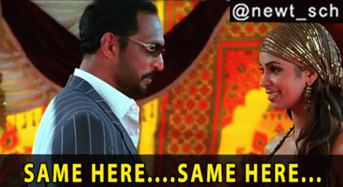 A Man And A Woman Are Looking At Each Other With The Caption Same Here GIF