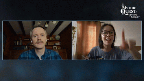 A Man And A Woman Are On A Video Call With The Words Mythic Quest Written On The Top GIF