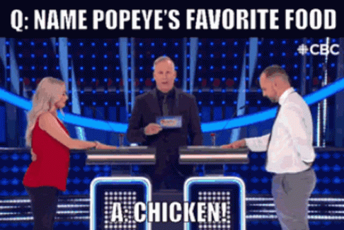 A Man And A Woman Are Playing A Game Called Popeye 'S Favorite Food A Chicken . GIF