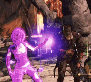 A Man And A Woman Are Playing A Video Game And The Woman Is Glowing In Purple GIF