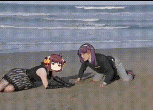 A Man And A Woman Are Playing In The Sand On The Beach GIF