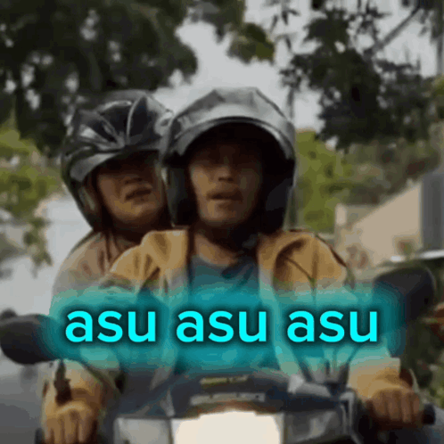 A Man And A Woman Are Riding A Motorcycle And The Words Asu Asu Asu Are Displayed On The Screen GIF