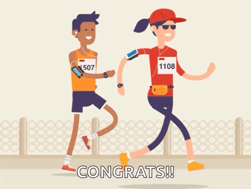 a man and a woman are running in a race and congratulate them