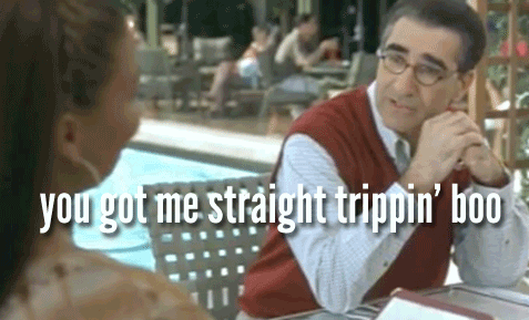 A Man And A Woman Are Sitting At A Table And The Man Is Saying You Got Me Straight Trippin ' Boo GIF