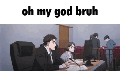 A Man And A Woman Are Sitting At A Table In A Courtroom With The Words Oh My God Bruh Above Them . GIF