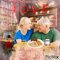 A Man And A Woman Are Sitting At A Table With A Plate Of Food And A Cup Of Coffee With The Word Love In Red GIF