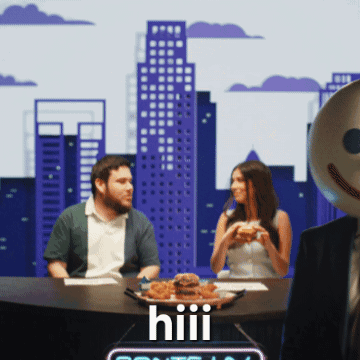 A Man And A Woman Are Sitting At A Table With A Plate Of Food That Says Hiii On It GIF