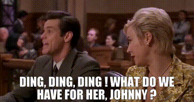 A Man And A Woman Are Sitting In A Courtroom And The Woman Is Asking The Man What Do We Have For Her Johnny GIF