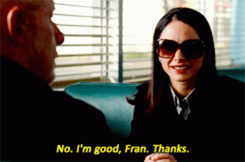 A Man And A Woman Are Sitting In A Diner And The Woman Says " No I 'M Good Fran Thanks " GIF