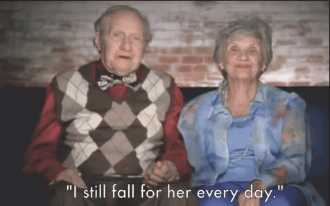 A Man And A Woman Are Sitting Next To Each Other And The Man Is Saying " I Still Fall For Her Every Day " GIF