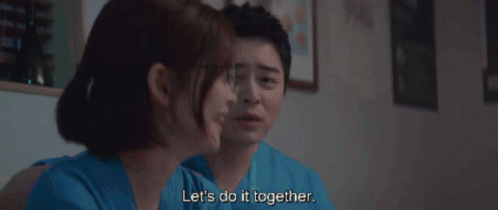 A Man And A Woman Are Sitting Next To Each Other And The Man Says Let 'S Do It Together GIF