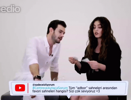 A Man And A Woman Are Sitting Next To Each Other With A Speech Bubble That Says @Sadeceizliyorum GIF