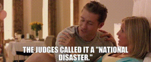 a man and a woman are sitting next to each other with the words " the judges called it a national disaster "