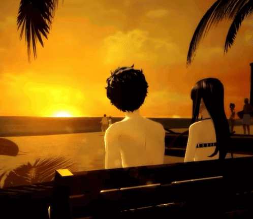a man and a woman are sitting on a bench watching the sunset