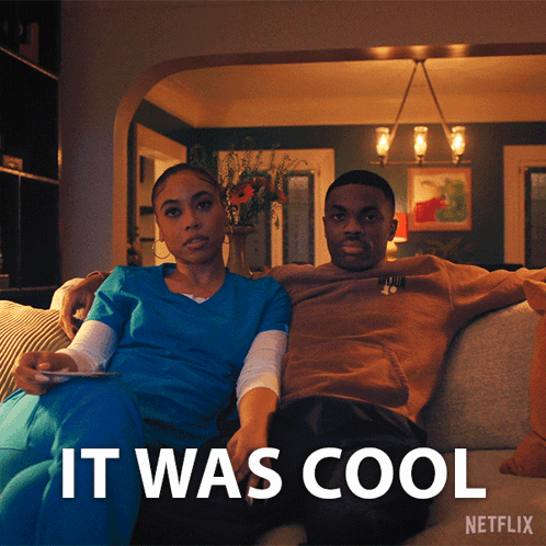 A Man And A Woman Are Sitting On A Couch With The Words It Was Cool On The Bottom GIF