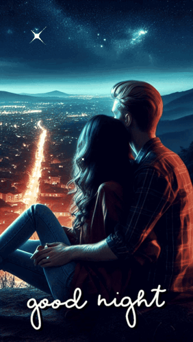 A Man And A Woman Are Sitting On A Hill Looking At A City At Night GIF