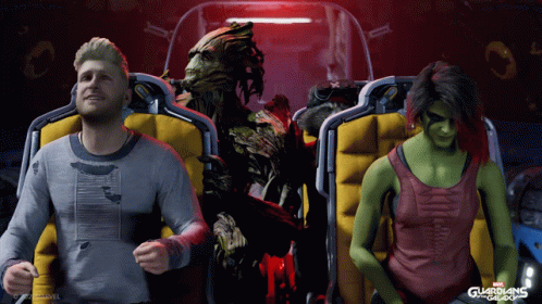 a man and a woman are sitting on a roller coaster with guardians of the galaxy in the background