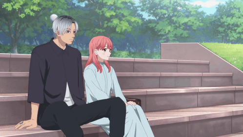 A Man And A Woman Are Sitting On Stairs Looking At Each Other GIF