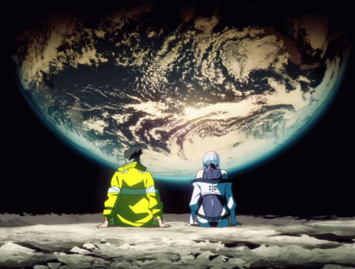 A Man And A Woman Are Sitting On The Moon And Looking At The Earth GIF