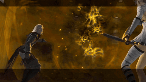 A Man And A Woman Are Standing In A Dark Room With A Chandelier In The Background GIF