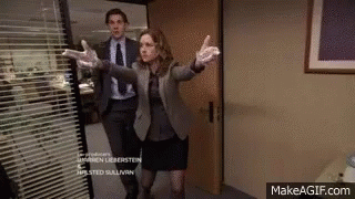 A Man And A Woman Are Standing In A Doorway With Their Arms Outstretched In Front Of A Makeagif.com Logo GIF