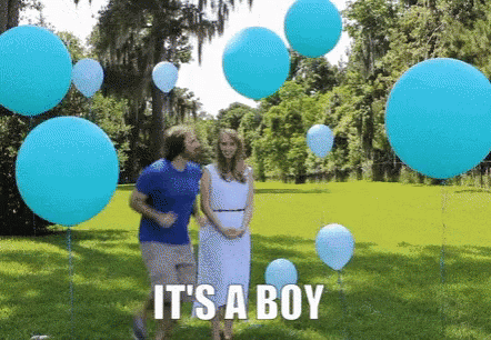 A Man And A Woman Are Standing In A Field With Balloons And The Words It 'S A Boy GIF