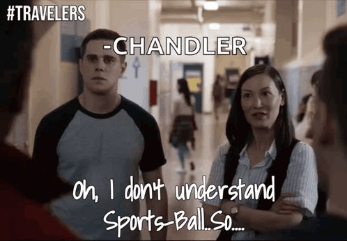 A Man And A Woman Are Standing In A Hallway With The Words Oh I Don T Understand Sports-Ball So GIF