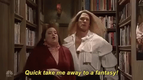 a man and a woman are standing in a library and the man is saying `` quick take me away to a fantasy ''