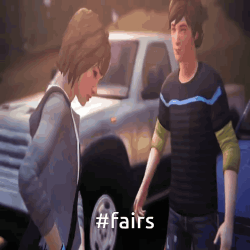 A Man And A Woman Are Standing In Front Of A Car With The Hashtag #Fairs On The Screen GIF