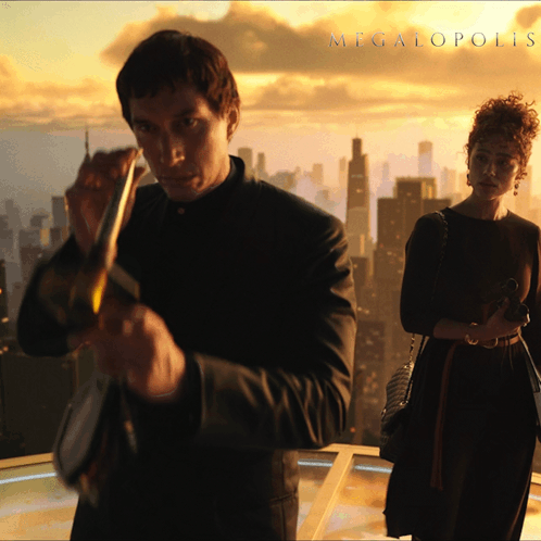 A Man And A Woman Are Standing In Front Of A City And The Word Megalopolis Is On The Bottom GIF