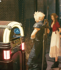 A Man And A Woman Are Standing In Front Of A Jukebox That Says " El Principe " On It GIF