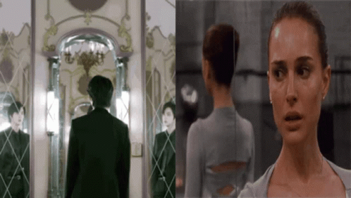 A Man And A Woman Are Standing In Front Of A Mirror And Looking At Each Other GIF